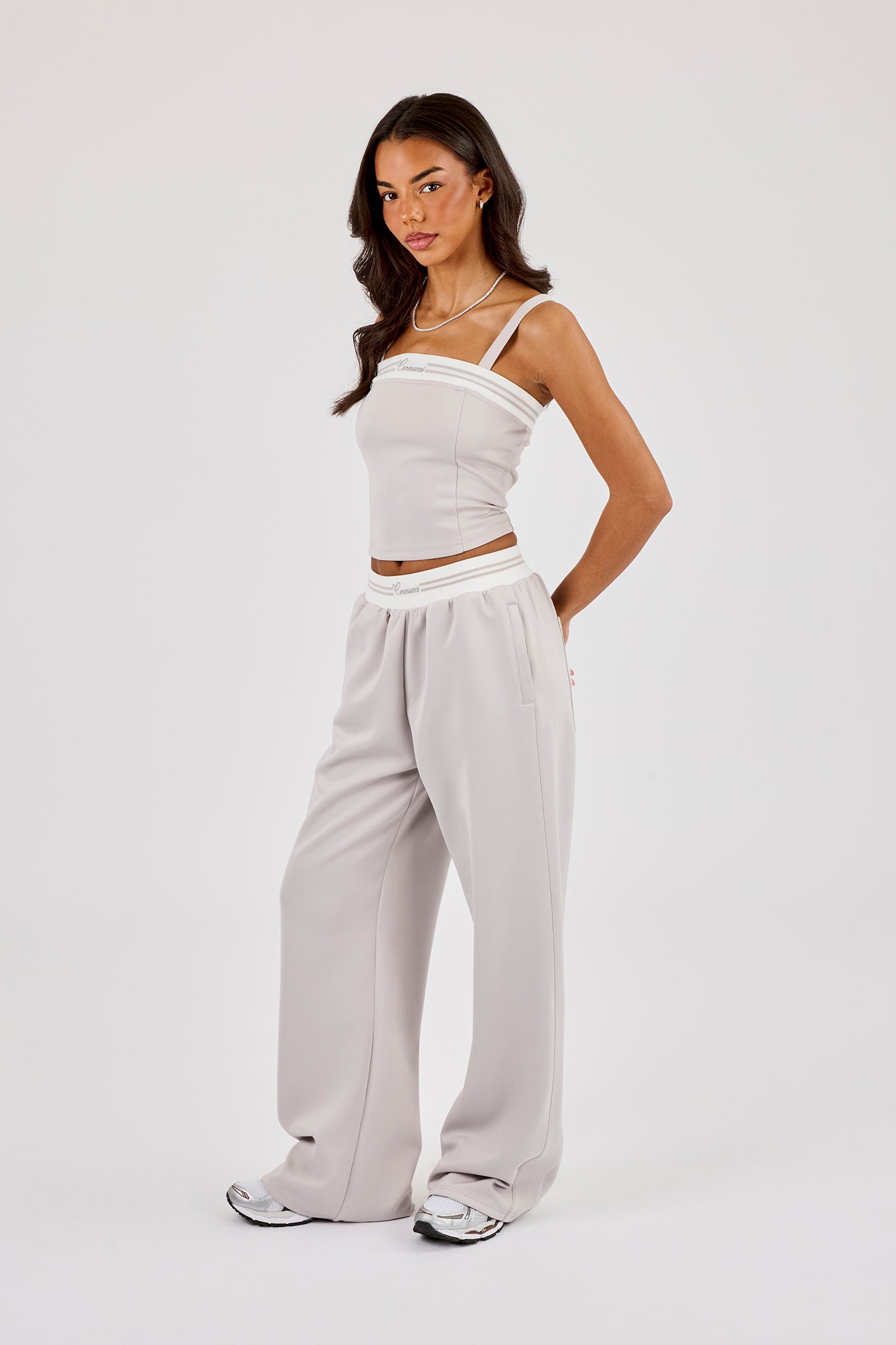 Contrast Structured Top & Wide Leg Trouser - Grey